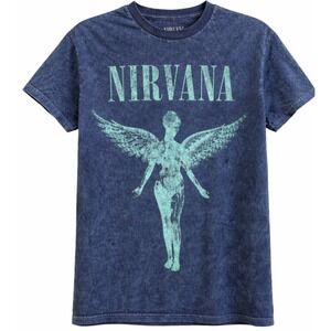 Nirvana‎ In Utero Angel Graphic Tee Blue Mineral Wash Cotton Band T-Shirt Small